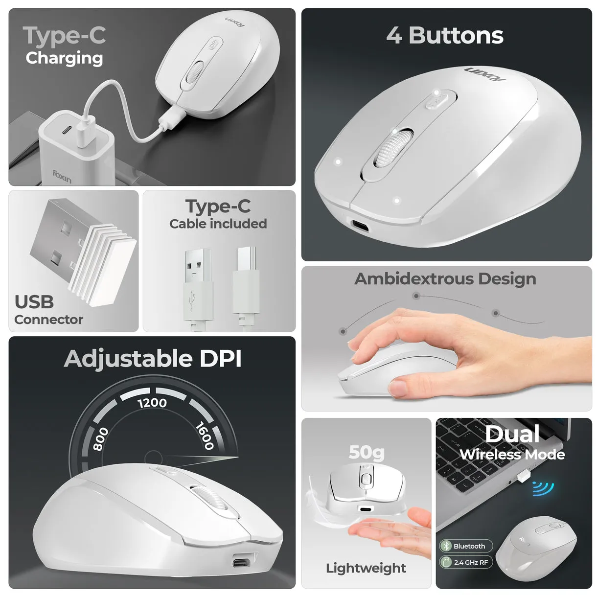 Foxin Wireless Mouse Flow 2.4G + BT (Flow) White view 6